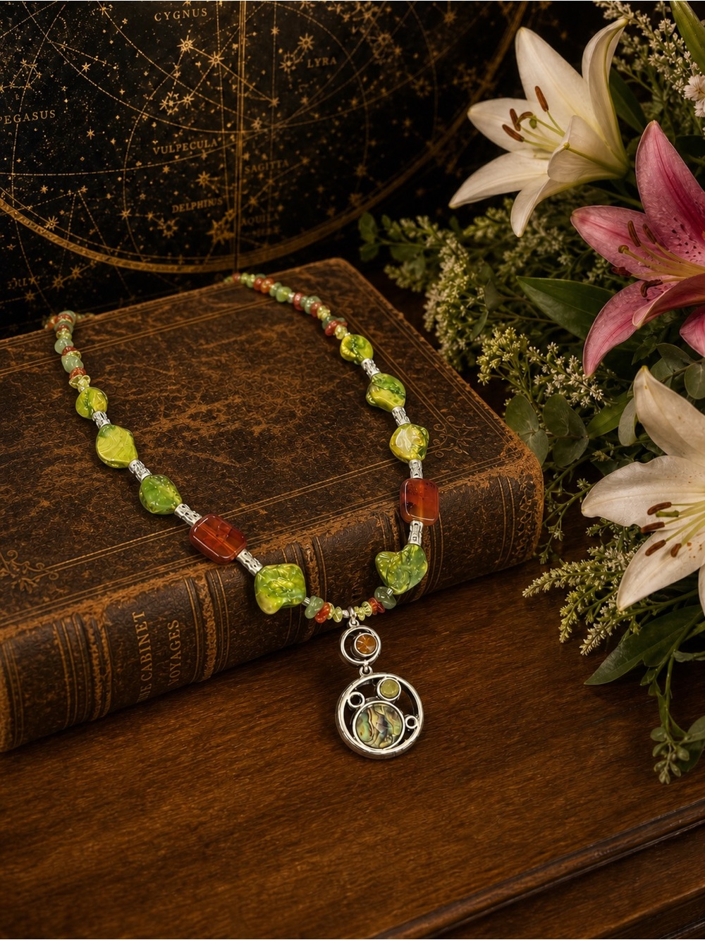 Green & Amber Beaded Pendant Necklace for Women - Handcrafted Style